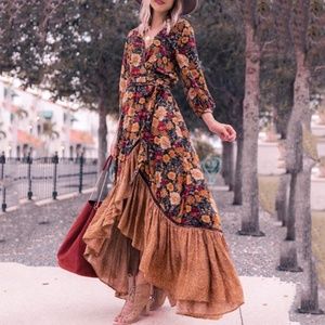 Boho Ruffle hem floral orange gypsy maxi dress Cottagecore